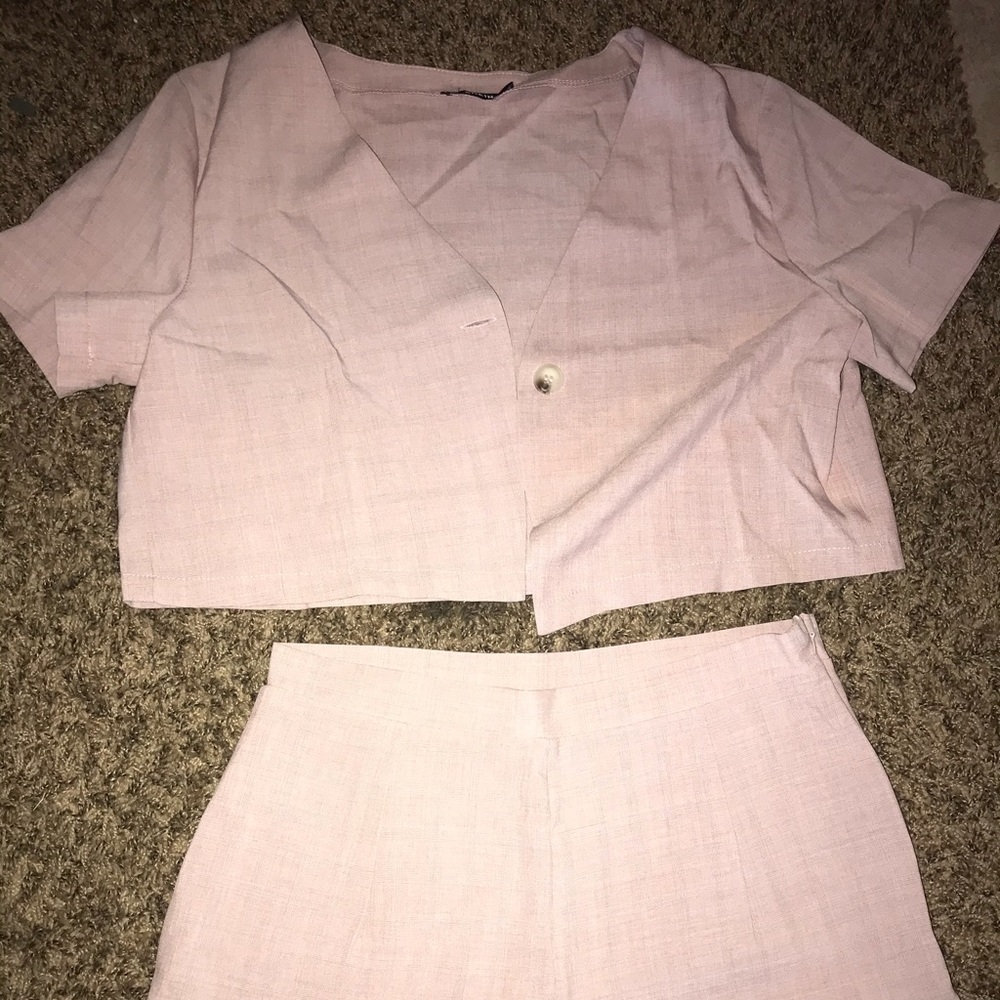 2 piece “suit” set short sleeve button top and high waisted shorts size large